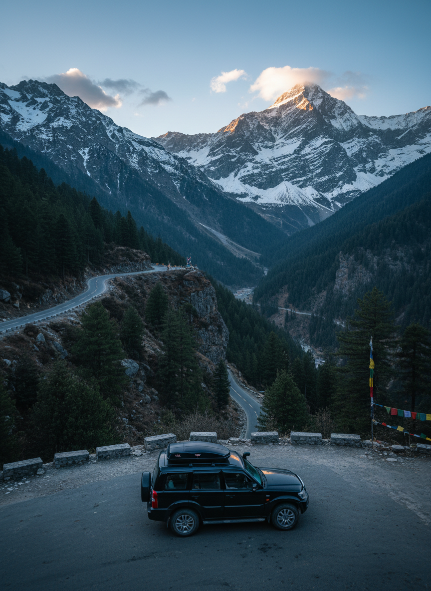 A cinematic, wide-angle scene of a winding mountain road in Himachal Pradesh, cutting through towering snow-dusted peaks and dense emerald pine forests. A single, glossy black SUV with roof-mounted travel gear is parked at a dramatic viewpoint, its surfaces reflecting the cool, crisp twilight. Low golden-hour sunlight grazes the ridge lines, casting long shadows into the valley below, while distant prayer flags add subtle color near a cliff edge. Composed with the road leading from foreground to distant horizons, the image uses deep focus and rich contrast to create a sense of refined, premium road-trip adventure, avoiding any human presence yet suggesting exclusive, curated exploration.