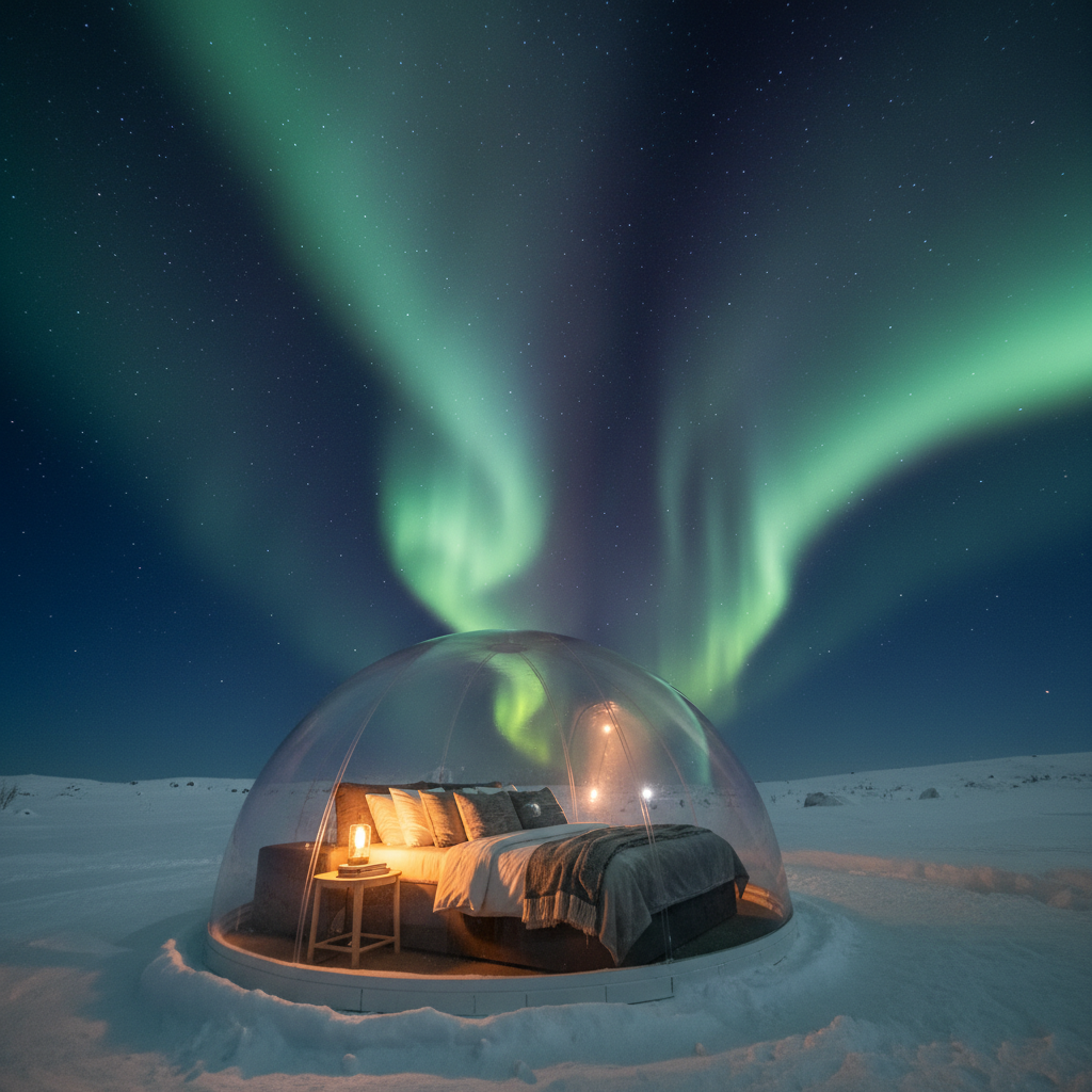 A dramatic night-time cinematic shot of the Northern Lights above a sleek glass igloo cabin in a snowy Scandinavian landscape. The igloo’s transparent dome reveals a perfectly made bed with layered neutral-toned linens and a minimalist wooden side table, all warmly lit from within by soft amber lighting. Outside, pristine snow reflects the dancing emerald and violet auroras that streak across a sharp, star-filled sky. Captured from a low angle, with the igloo in the lower third and the sky dominating the frame, the scene exudes otherworldly wonder and high-end exclusivity, hinting at a once-in-a-lifetime adventure travel experience with no human figures in sight.
