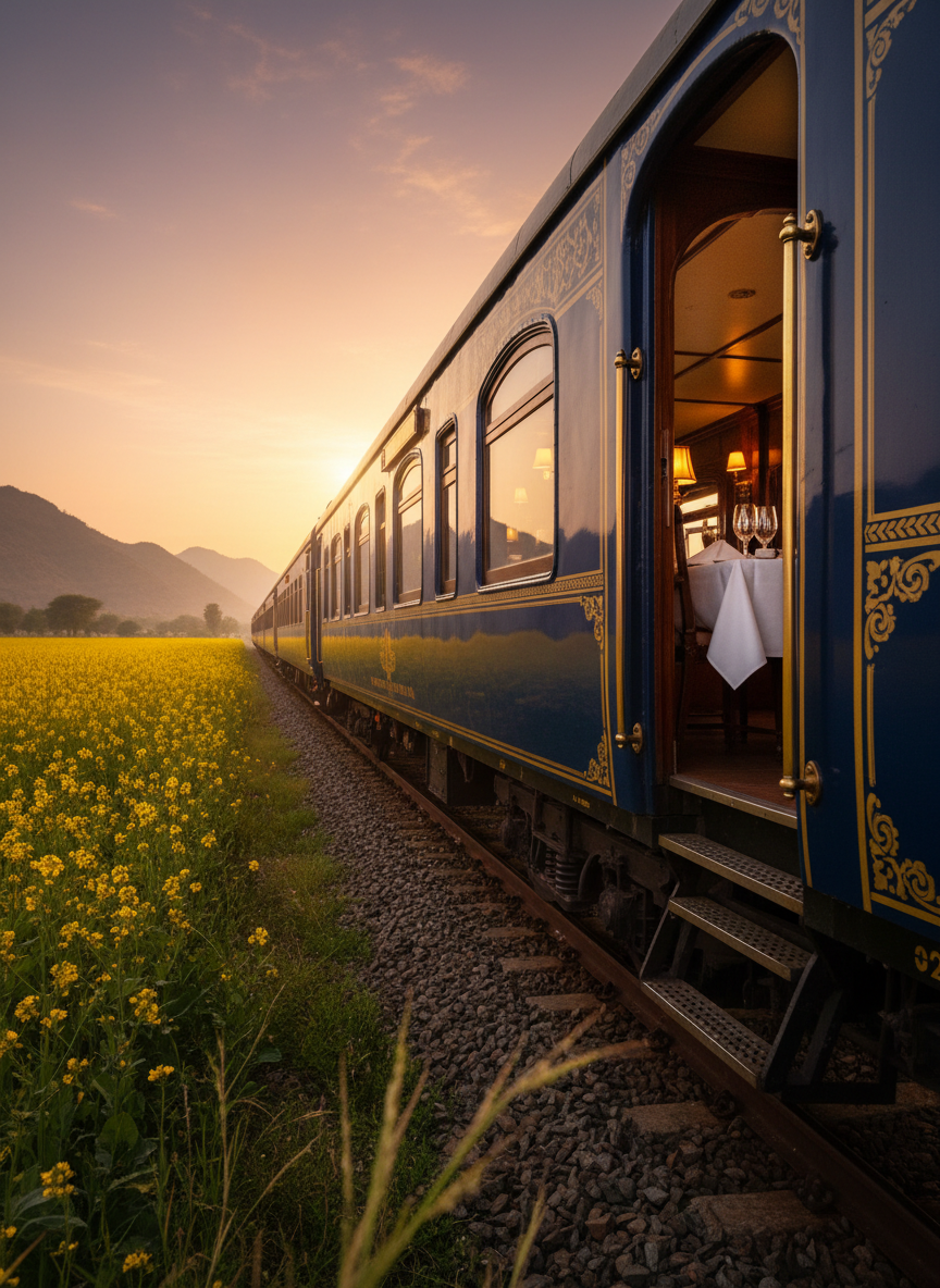 A refined cinematic composition of a luxury train journey through rural Rajasthan, showing a deep blue and gold carriage gliding along tracks framed by mustard fields and distant Aravalli hills. The camera is positioned close to the carriage exterior, capturing polished brass details, rich wood paneling, and a hint of an opulent interior through a window: crisp white linens, cut crystal glassware, and soft ambient lamps. Warm late-afternoon sunlight skims across the metal surfaces, creating a rich, golden glow. Motion blur in the foreground grasses emphasizes movement, while the background remains in sharp focus. The mood is nostalgic, exclusive, and adventurous, perfectly conveying a curated signature experience without depicting any passengers.