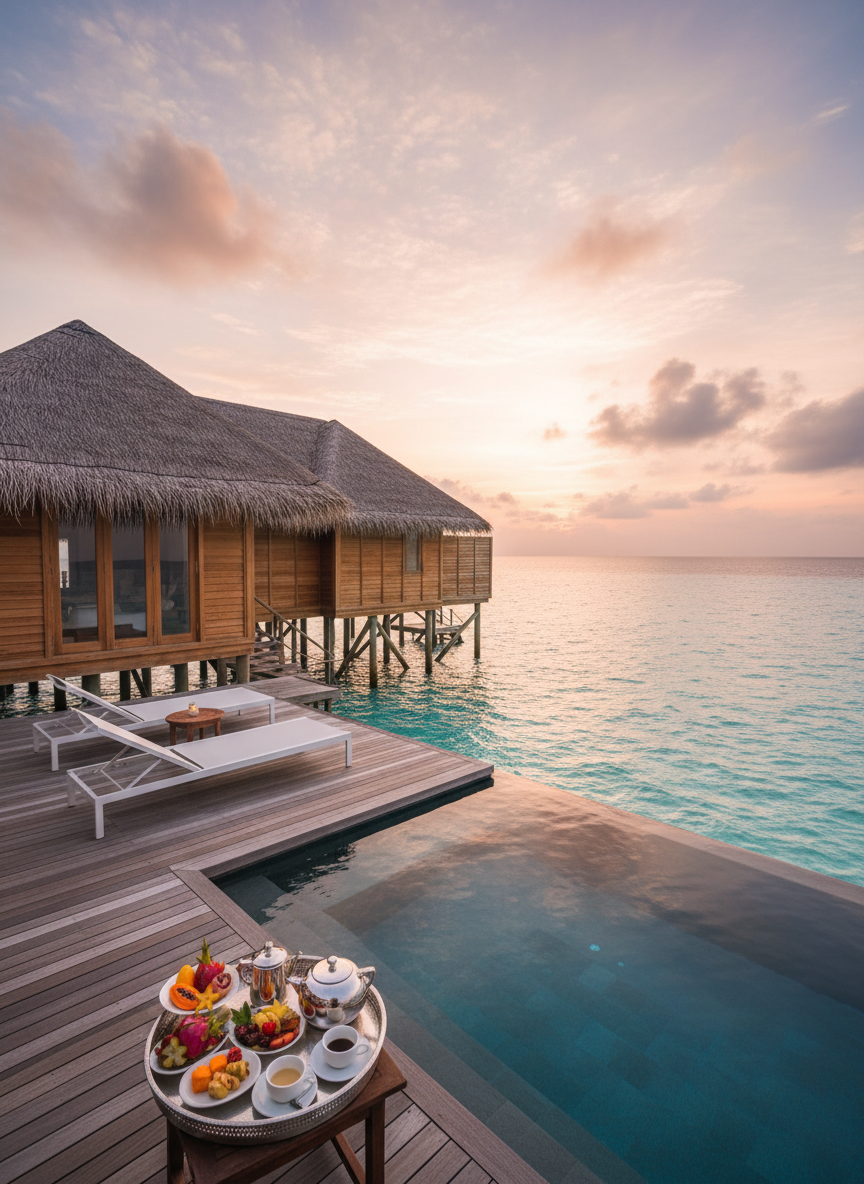 An ultra-detailed cinematic panorama of a secluded Maldivian-style overwater villa, set above crystal-clear turquoise water that fades into deep cobalt near the horizon. The villa’s rich teak deck features two minimalist sun loungers, an elegant infinity plunge pool, and a perfectly arranged breakfast tray with silver service and tropical fruits, all rendered without visible branding. Soft sunrise light paints the clouds in peach and lavender tones, reflecting delicately on the water’s ripples. Shot from a slightly elevated angle with wide composition, the image feels luxurious, tranquil, and sophisticated, suggesting a premium honeymoon escape that is intimate yet completely devoid of people or text.