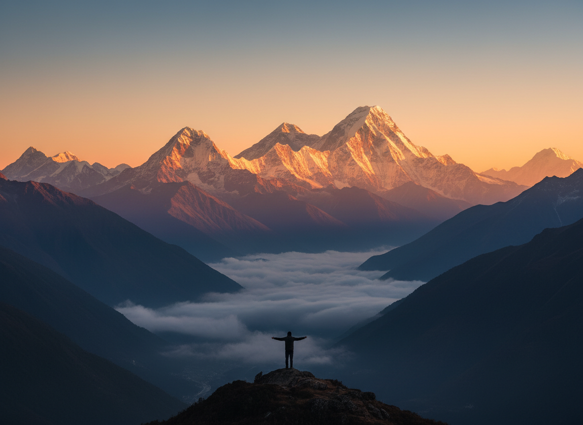 Cinematic dramatic Himalayan mountain range at golden hour, warm sunrise light spilling over jagged peaks, layers of fog in the deep valleys below, rich saturated warm gold and amber tones with deep cool blue shadows, aspirational premium adventure travel photography, high contrast, epic wide vista