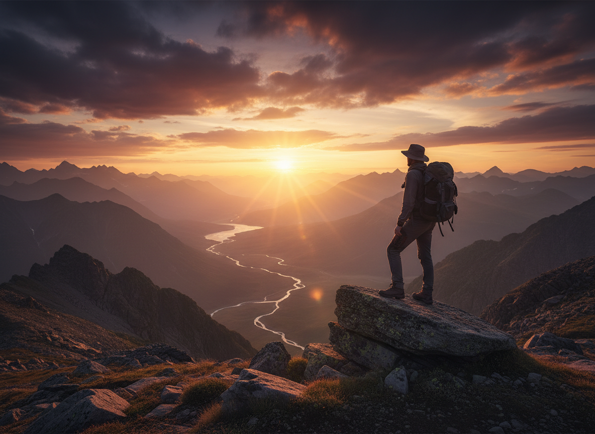 Lone traveler standing on a scenic mountain ridge at sunset overlooking a vast valley, cinematic wanderlust adventure travel scene, warm golden and amber light, dramatic sky, premium aspirational photography, sense of freedom and escape